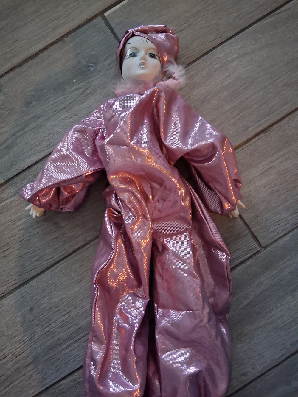 Porcelain Clown Doll in Shimmering Pink Costume